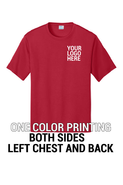 Short Sleeve 100% Polyester PC380 Port & Company® Performance Tee "Dark color garment White ink" "One color printing" "Left chest and Back" 12 minimum pieces